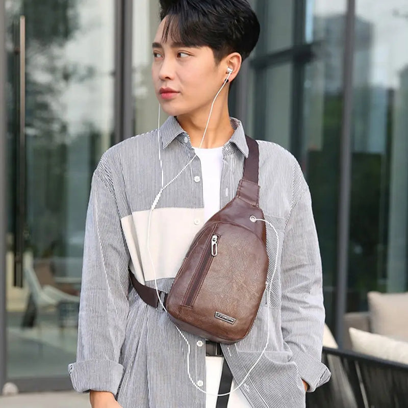 Man Bag Simple With Earphone Hole Phone Shopping Travel Messenger Bag Crossbody Bag PU Leather Men's Handbag